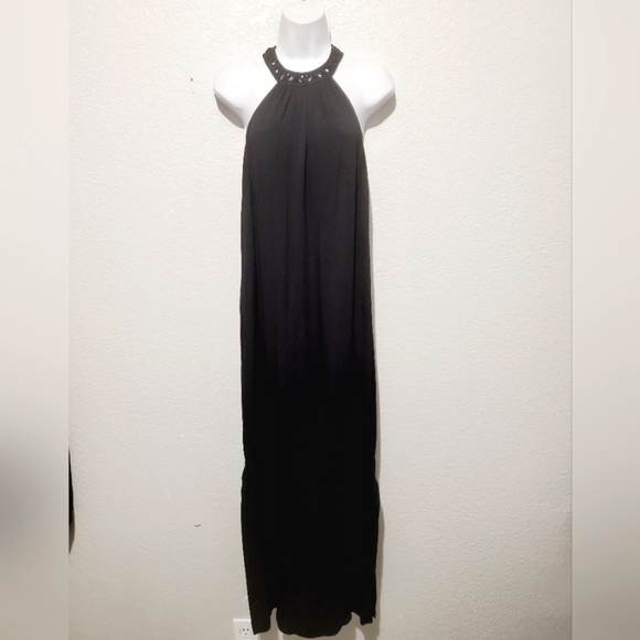 💚5/$25 Ella Moss Black Halter T Back Long Maxi Slip Dress With Leg Slits Small - Picture 1 of 7